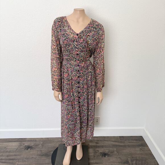 [Vintage] Starina Dark Floral Print V-Neck Button Front Midi Dress Size Medium M - Picture 1 of 14